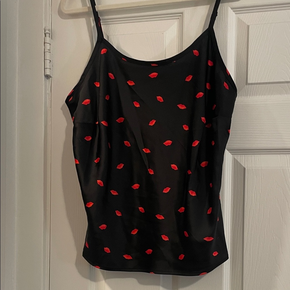 a new day Black Cami Top with Red Lip Print